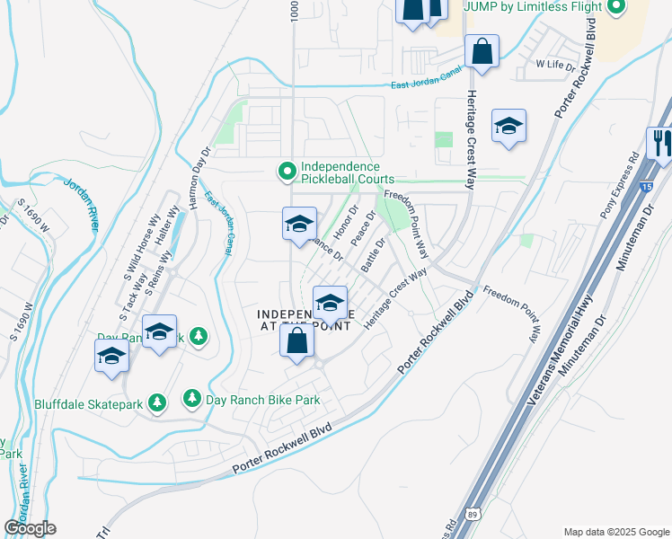 map of restaurants, bars, coffee shops, grocery stores, and more near 15157 Revolution Lane in Bluffdale