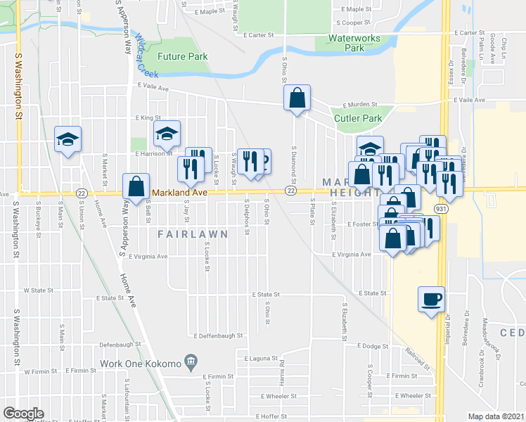 map of restaurants, bars, coffee shops, grocery stores, and more near 1025 South Ohio Street in Kokomo