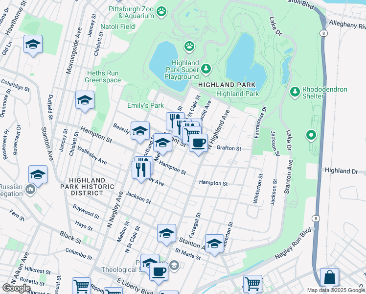 map of restaurants, bars, coffee shops, grocery stores, and more near 5823 Bryant Street in Pittsburgh