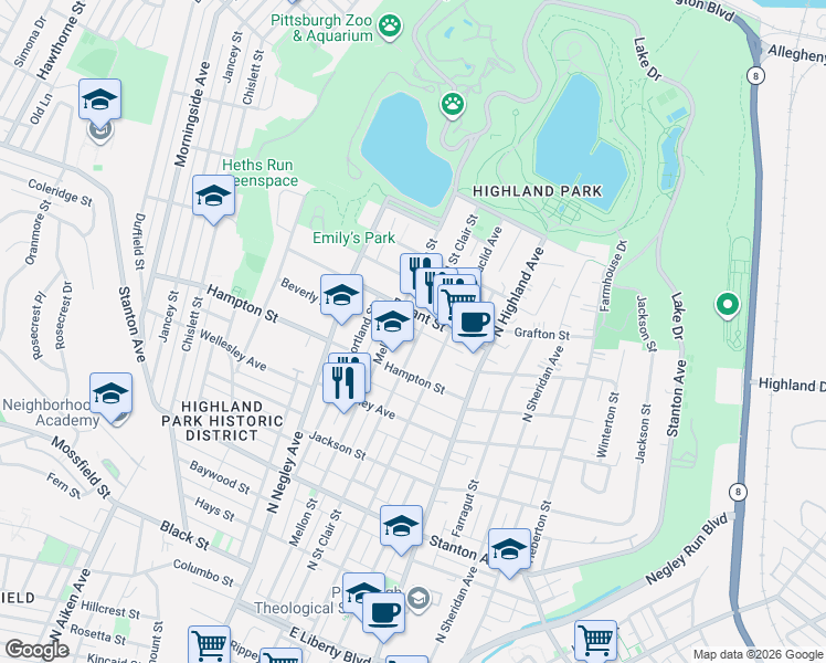 map of restaurants, bars, coffee shops, grocery stores, and more near 1136 Mellon Street in Pittsburgh