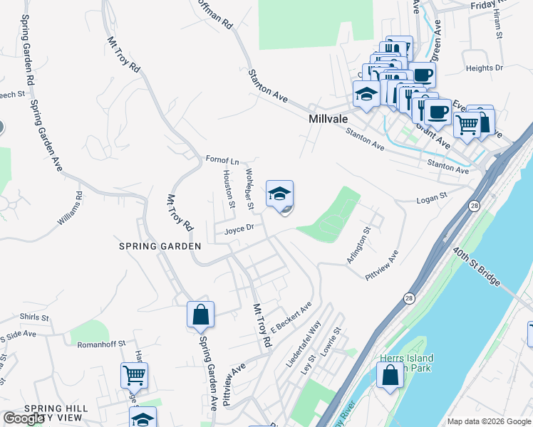 map of restaurants, bars, coffee shops, grocery stores, and more near 2101 James Drive in Pittsburgh