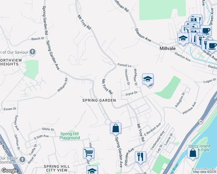 map of restaurants, bars, coffee shops, grocery stores, and more near 2820 Mount Troy Road in Pittsburgh