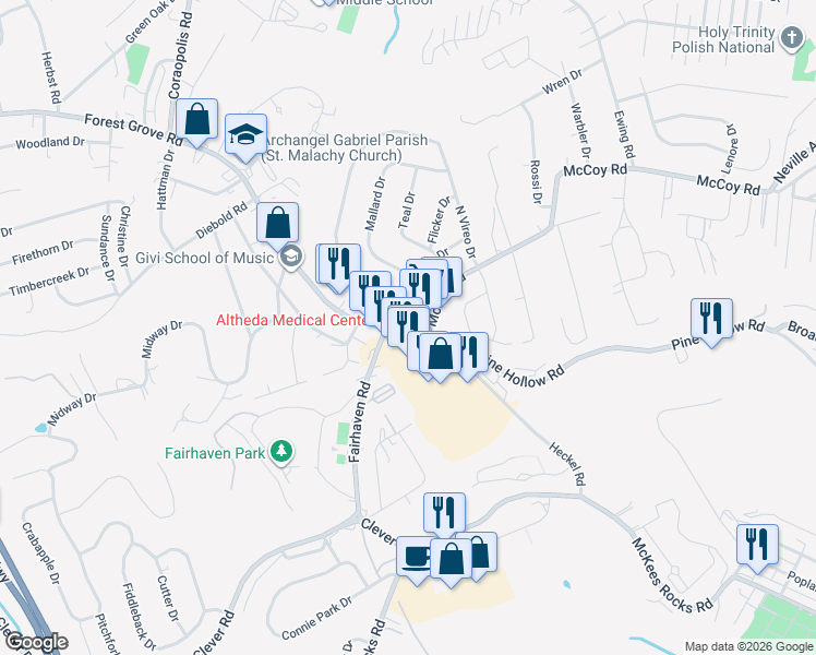 map of restaurants, bars, coffee shops, grocery stores, and more near 500 Pine Hollow Road in McKees Rocks