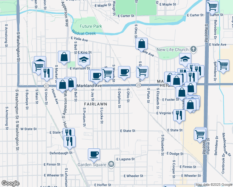 map of restaurants, bars, coffee shops, grocery stores, and more near 1016 South Delphos Street in Kokomo