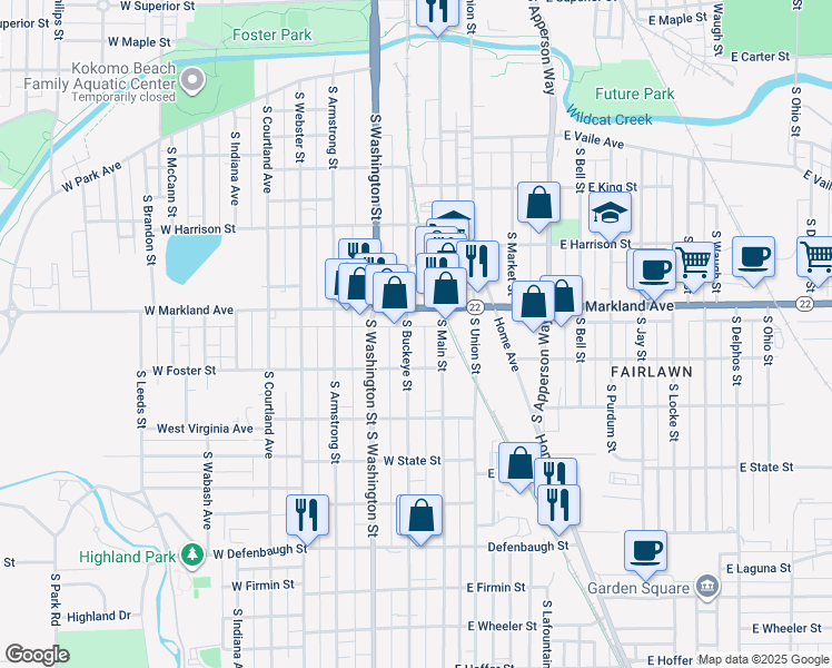 map of restaurants, bars, coffee shops, grocery stores, and more near 107 West Markland Avenue in Kokomo