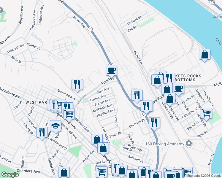 map of restaurants, bars, coffee shops, grocery stores, and more near 1 Shaw Avenue in McKees Rocks