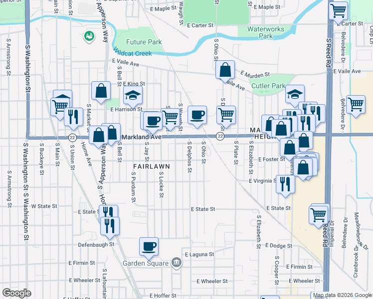 map of restaurants, bars, coffee shops, grocery stores, and more near 1023 South Delphos Street in Kokomo
