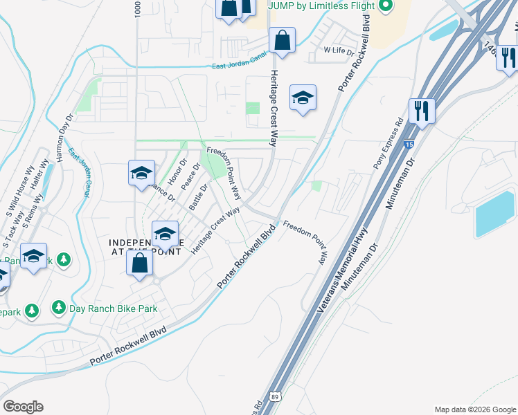 map of restaurants, bars, coffee shops, grocery stores, and more near 15166 Gallant Drive in Bluffdale