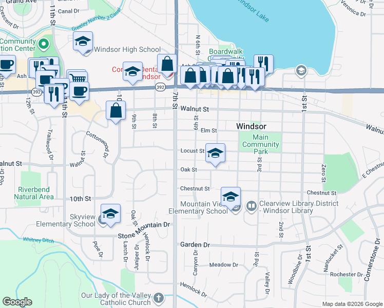 map of restaurants, bars, coffee shops, grocery stores, and more near 614 Locust Street in Windsor