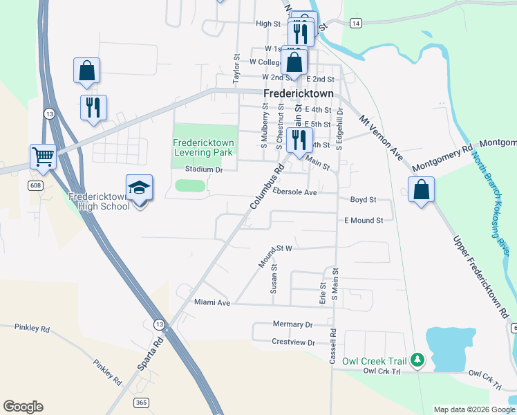 map of restaurants, bars, coffee shops, grocery stores, and more near 123 Columbus Road in Fredericktown
