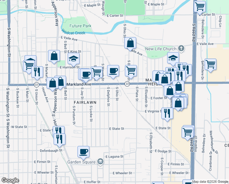 map of restaurants, bars, coffee shops, grocery stores, and more near 1016 South Delphos Street in Kokomo