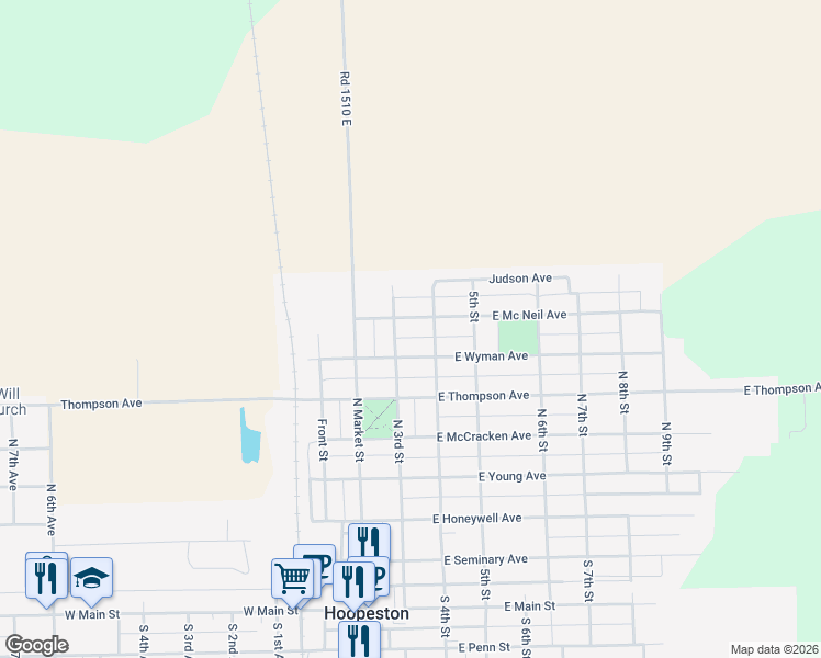 map of restaurants, bars, coffee shops, grocery stores, and more near 401-499 East Mcneil Avenue in Hoopeston