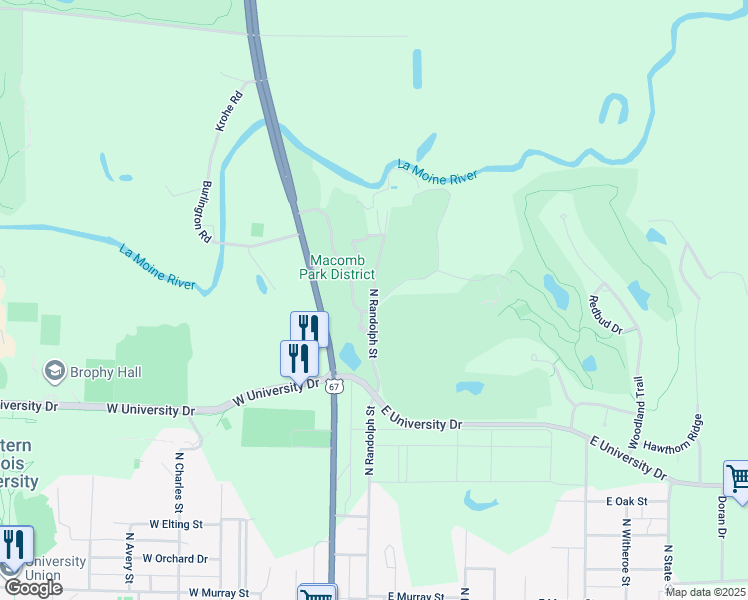 map of restaurants, bars, coffee shops, grocery stores, and more near 1406 North Randolph Street in Macomb