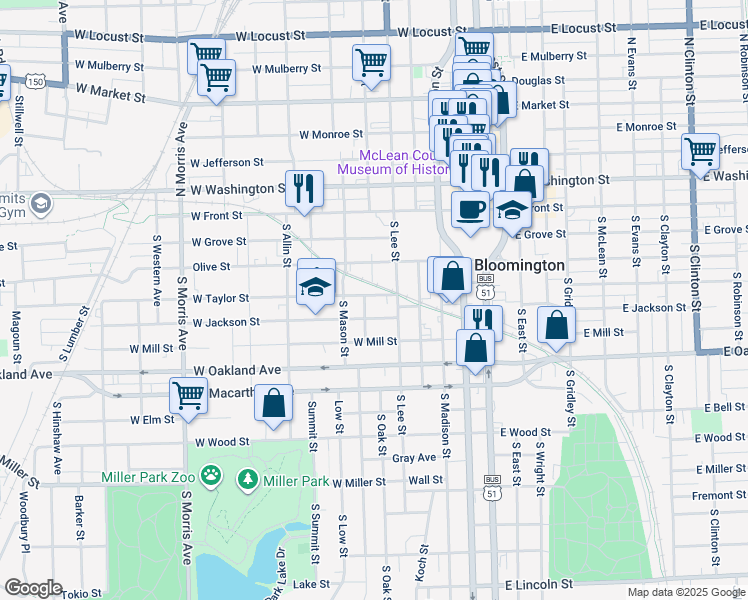 map of restaurants, bars, coffee shops, grocery stores, and more near 510 West Taylor Street in Bloomington