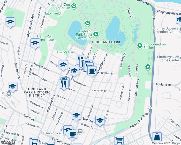 map of restaurants, bars, coffee shops, grocery stores, and more near 5911 Bryant Street in Pittsburgh