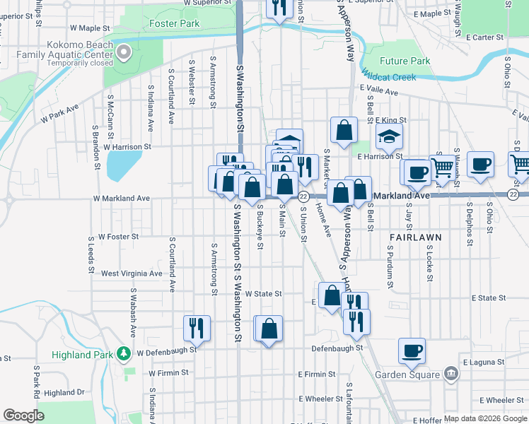 map of restaurants, bars, coffee shops, grocery stores, and more near 107 West Markland Avenue in Kokomo