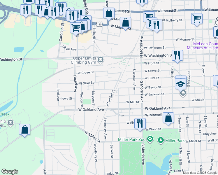 map of restaurants, bars, coffee shops, grocery stores, and more near 107 Packard Street in Bloomington