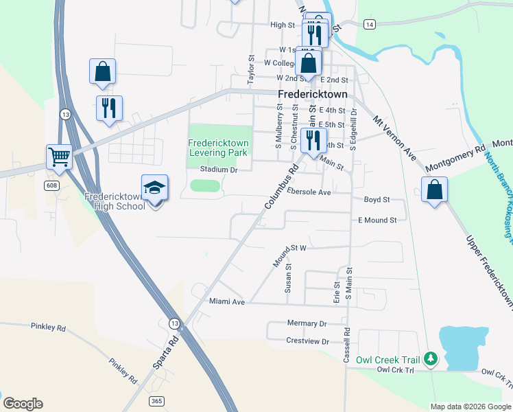 map of restaurants, bars, coffee shops, grocery stores, and more near 123 Columbus Road in Fredericktown