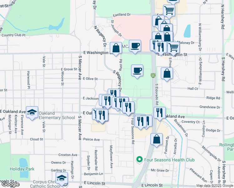 map of restaurants, bars, coffee shops, grocery stores, and more near 303 South Regency Drive in Bloomington