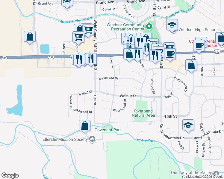 map of restaurants, bars, coffee shops, grocery stores, and more near 409 14th Street in Windsor