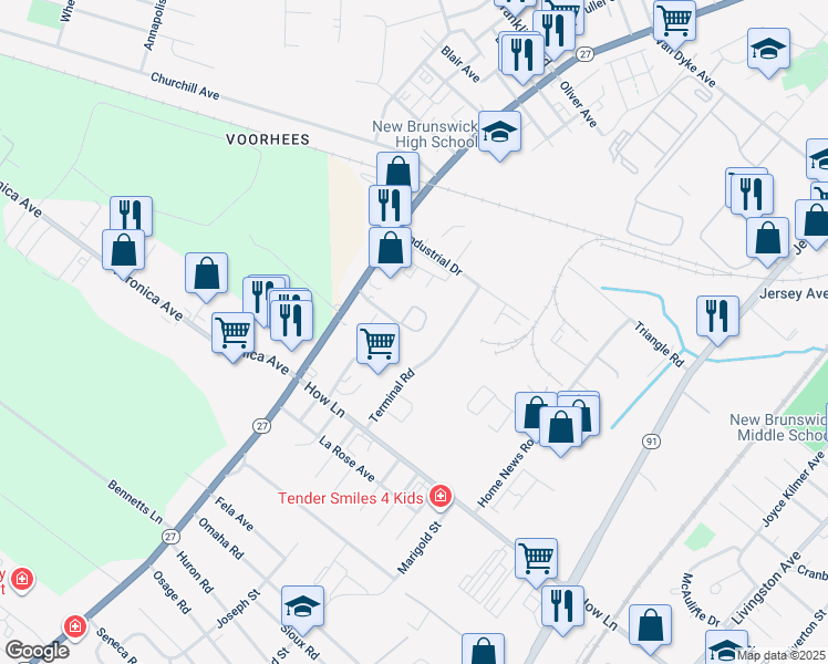 map of restaurants, bars, coffee shops, grocery stores, and more near 17 Hampton Road in New Brunswick