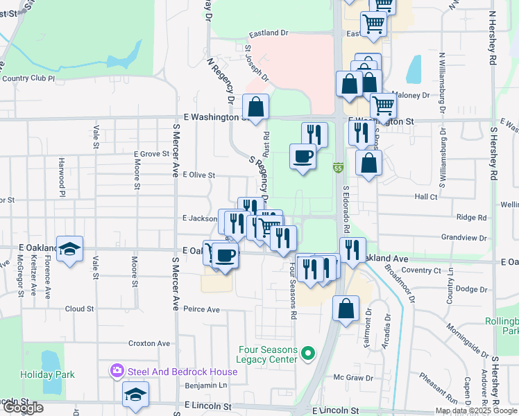 map of restaurants, bars, coffee shops, grocery stores, and more near 303 South Regency Drive in Bloomington