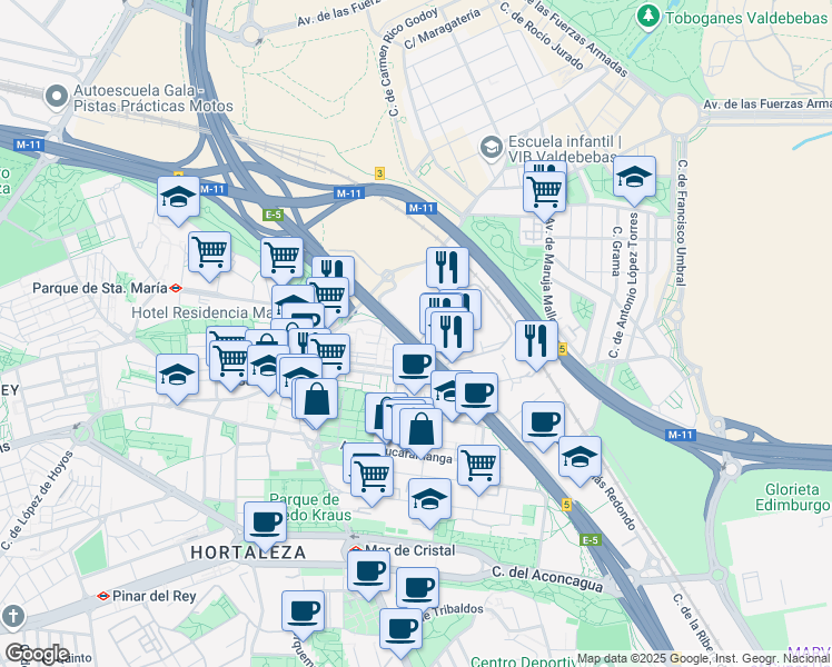 map of restaurants, bars, coffee shops, grocery stores, and more near 1 Calle Vía de los Poblados in Madrid