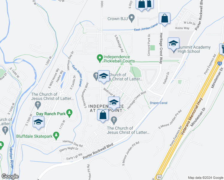 map of restaurants, bars, coffee shops, grocery stores, and more near 15169 Gunpowder Court in Bluffdale