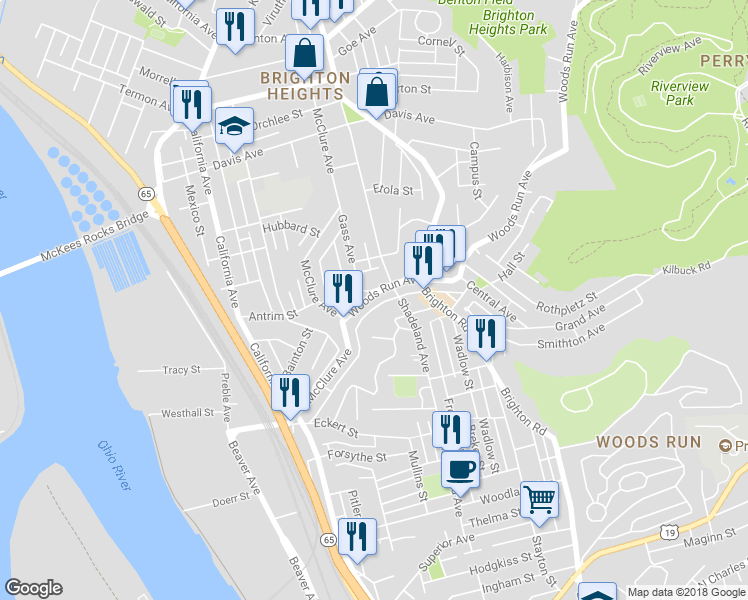 map of restaurants, bars, coffee shops, grocery stores, and more near 1403 Woods Run Avenue in Pittsburgh