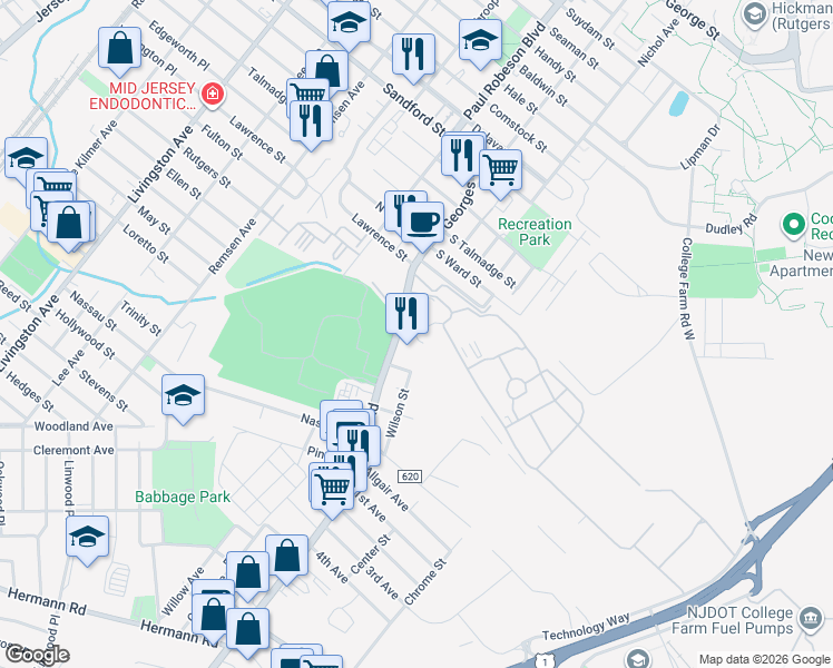 map of restaurants, bars, coffee shops, grocery stores, and more near 1 Squibb Drive in New Brunswick