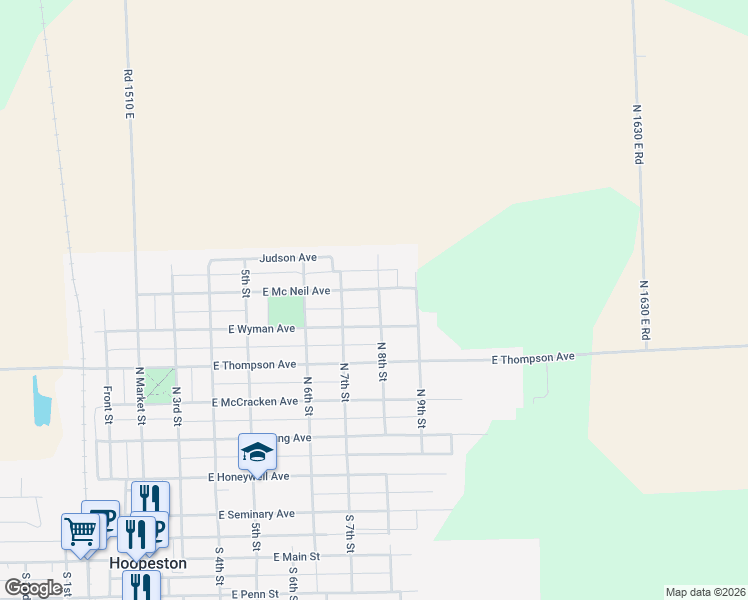 map of restaurants, bars, coffee shops, grocery stores, and more near 806 East Mc Neil Avenue in Hoopeston