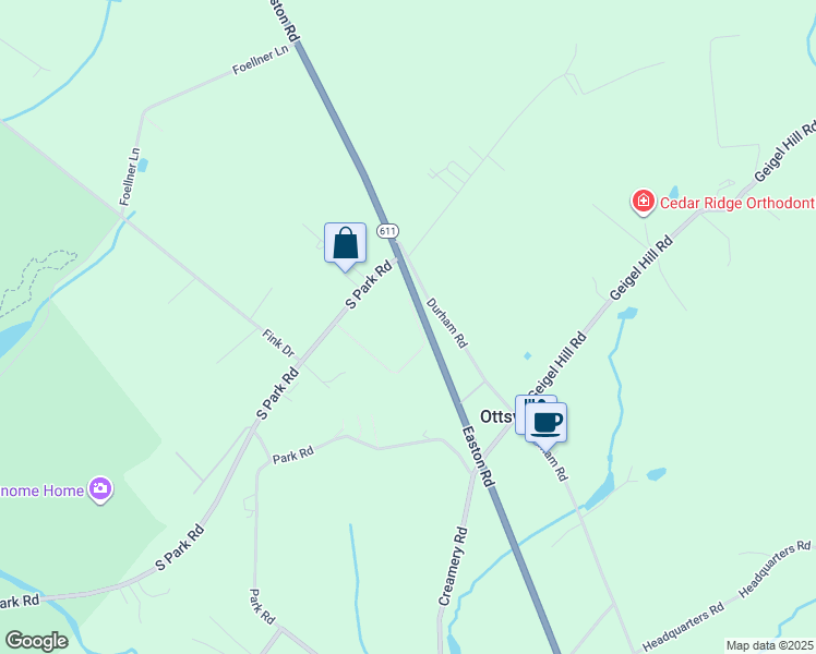 map of restaurants, bars, coffee shops, grocery stores, and more near 327 Durham Road in Ottsville