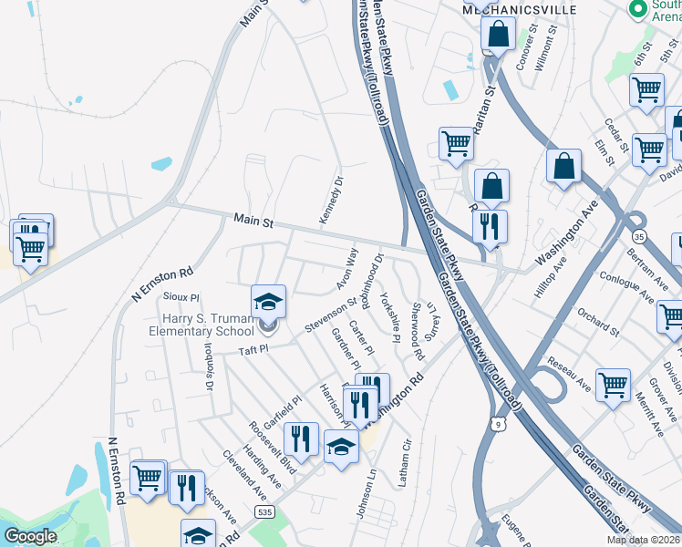 map of restaurants, bars, coffee shops, grocery stores, and more near 2 Nottingham Drive in Sayreville