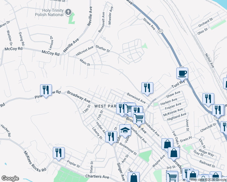 map of restaurants, bars, coffee shops, grocery stores, and more near 919 Benwood Avenue in McKees Rocks