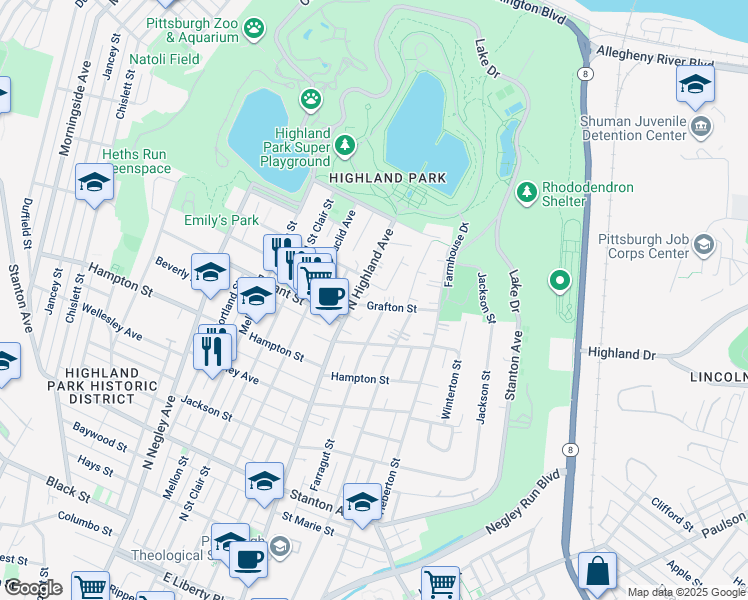 map of restaurants, bars, coffee shops, grocery stores, and more near 6019 Grafton Street in Pittsburgh
