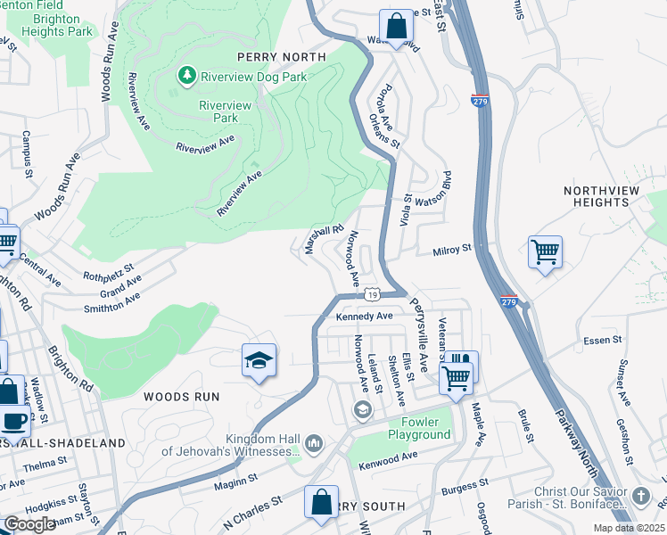 map of restaurants, bars, coffee shops, grocery stores, and more near 2932 Glenridge Way in Pittsburgh