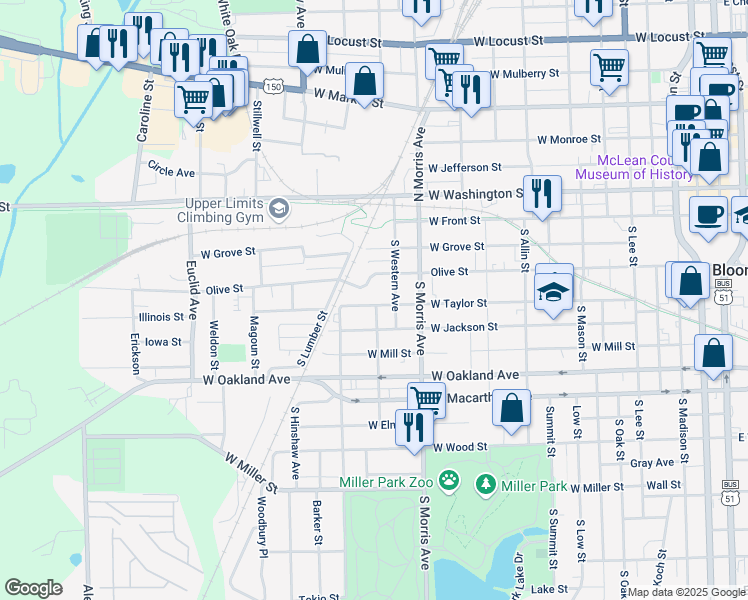 map of restaurants, bars, coffee shops, grocery stores, and more near 1301 West Taylor Street in Bloomington