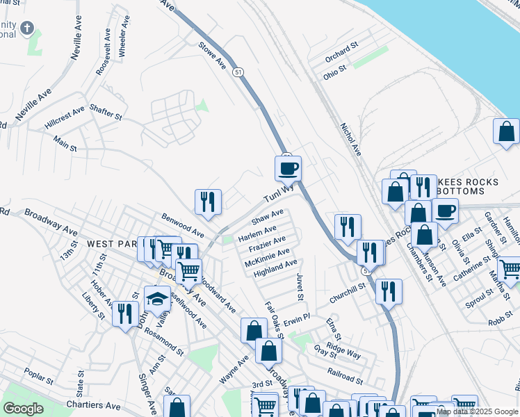 map of restaurants, bars, coffee shops, grocery stores, and more near 27 Tunnel Way in McKees Rocks