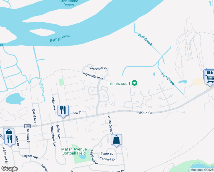 map of restaurants, bars, coffee shops, grocery stores, and more near 9 Chesterfield Way in Sayreville