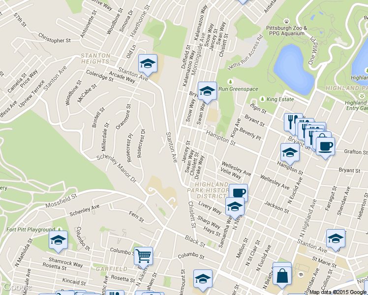 map of restaurants, bars, coffee shops, grocery stores, and more near 5309 Wellesley Avenue in Pittsburgh