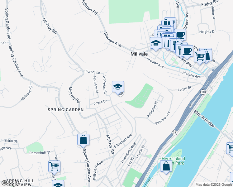 map of restaurants, bars, coffee shops, grocery stores, and more near 2101 James Dr in Pittsburgh