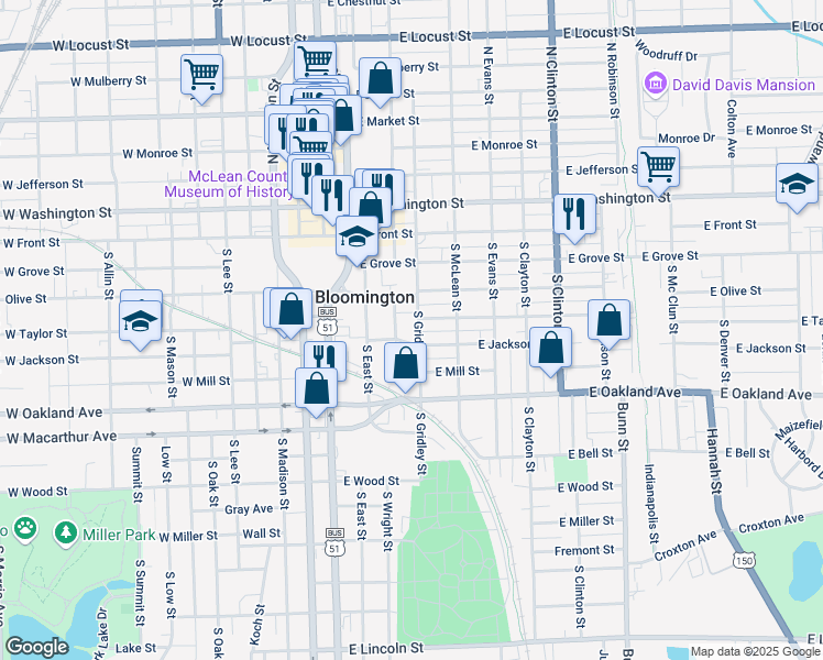 map of restaurants, bars, coffee shops, grocery stores, and more near 308 South Prairie Street in Bloomington