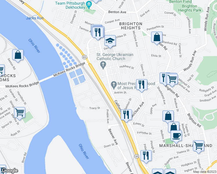 map of restaurants, bars, coffee shops, grocery stores, and more near 3315 California Avenue in Pittsburgh