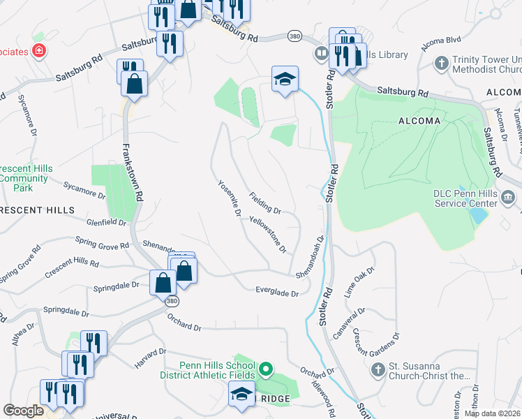 map of restaurants, bars, coffee shops, grocery stores, and more near 408 Fielding Drive in Pittsburgh
