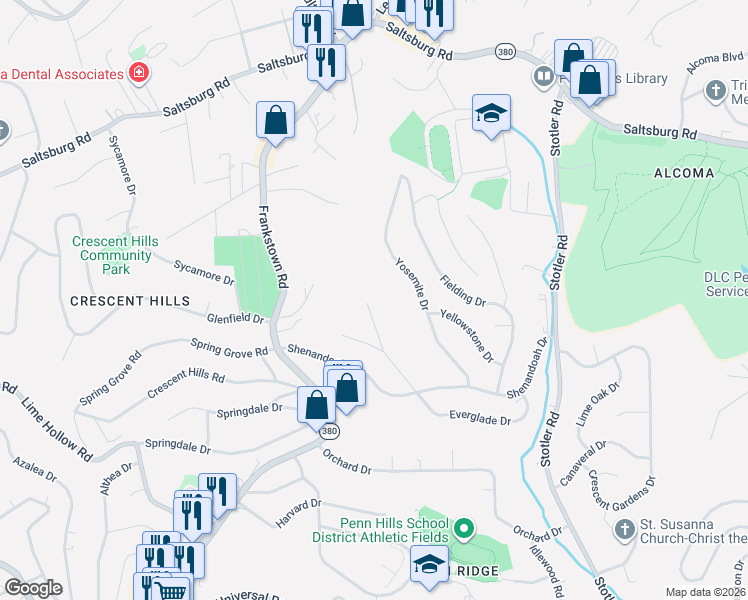 map of restaurants, bars, coffee shops, grocery stores, and more near 105 Everglade Drive in Pittsburgh