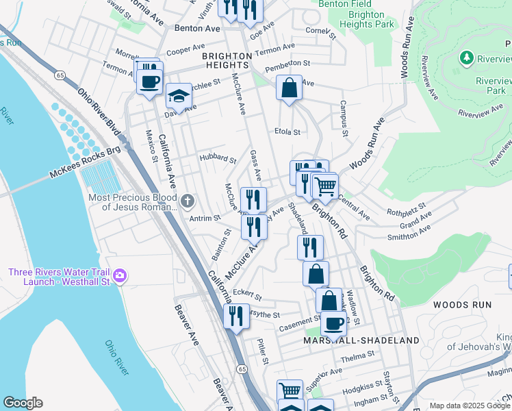 map of restaurants, bars, coffee shops, grocery stores, and more near 1434 Reuben Street in Pittsburgh
