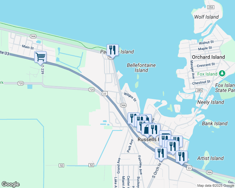 map of restaurants, bars, coffee shops, grocery stores, and more near 101-147 Wilgus Street in Russells Point