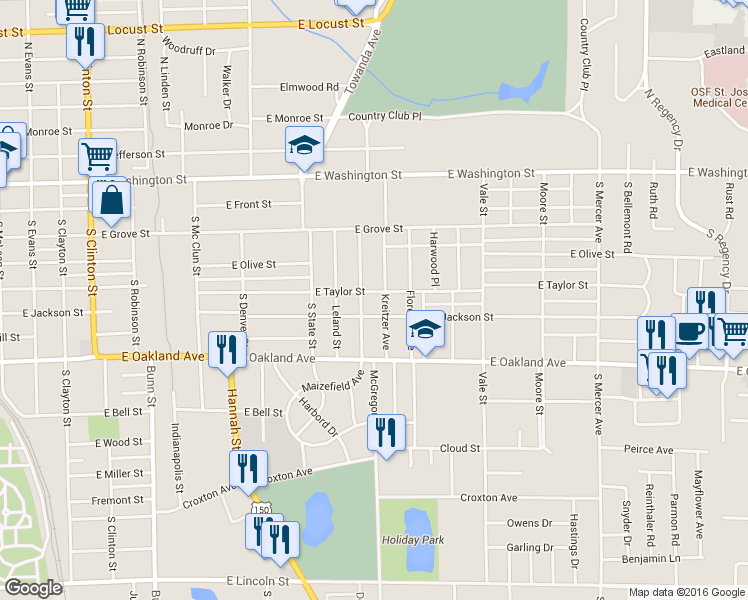 map of restaurants, bars, coffee shops, grocery stores, and more near 1405 E Taylor St in Bloomington