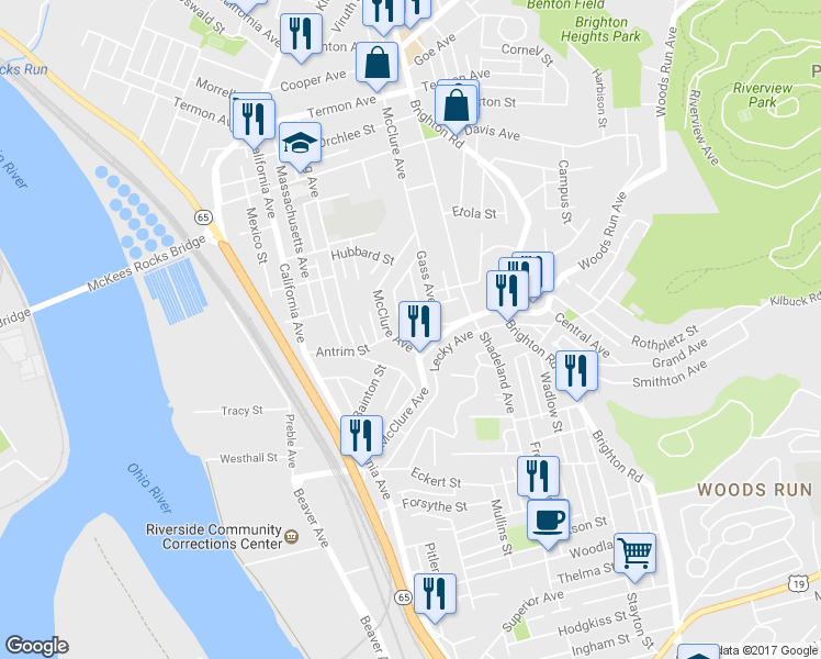 map of restaurants, bars, coffee shops, grocery stores, and more near 1448 Reuben St in Pittsburgh