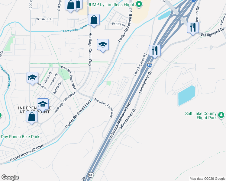 map of restaurants, bars, coffee shops, grocery stores, and more near 15163 Skyfall Drive in Bluffdale